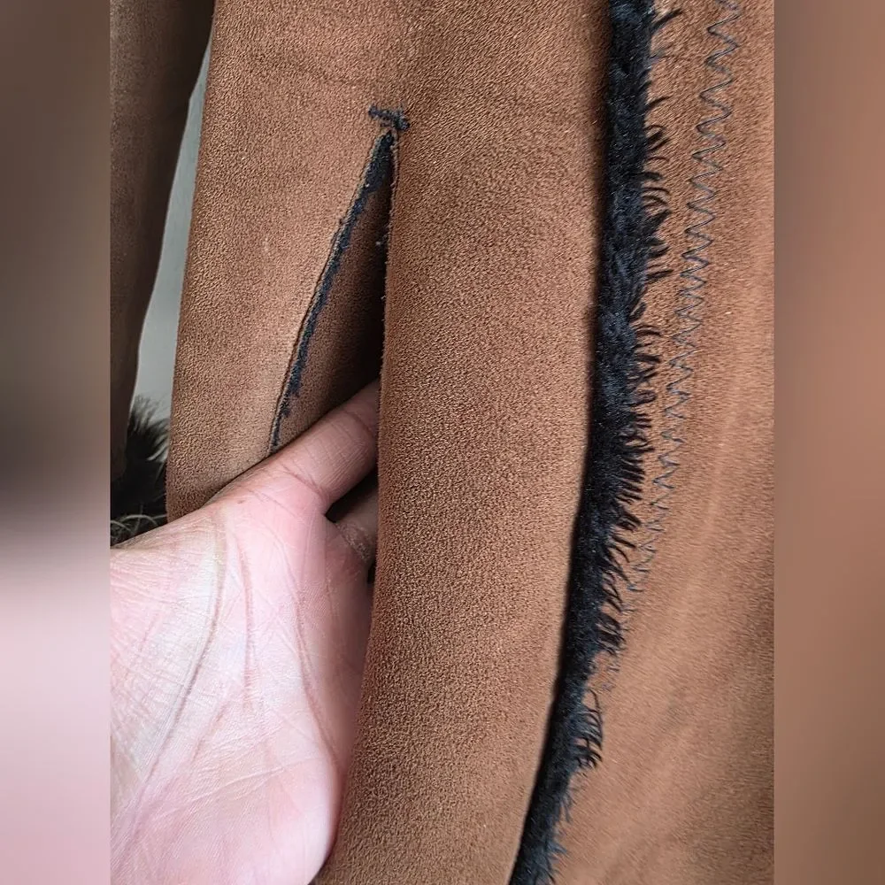 Vtg Brown Faux Suede Fur Hooded Full Length Long Afghan Penny Lane Coat Sz M - Picture 6 of 16
